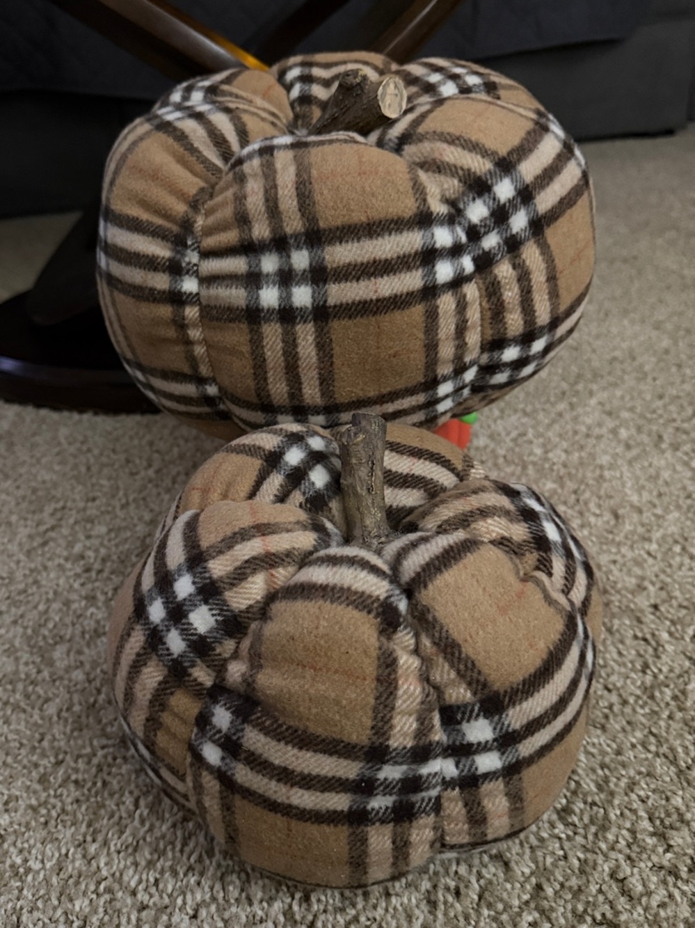 Plaid Fabric Pumpkin Home Accents - Neutral Tan Check Set of 2